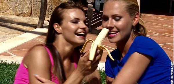  Garden Affair with Klara and Katerina on Sapphic Erotica play with a banana then